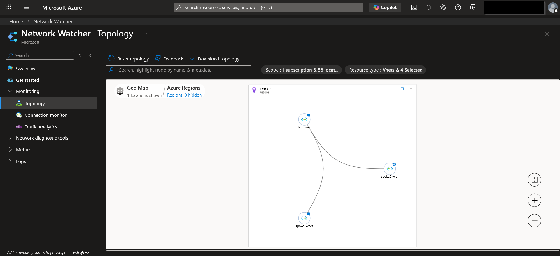 Updated topology after configuring VNet peering between hub and spokes.